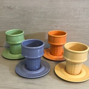 The Monkey & The Peddler Set of 4 Ceramic Ice Cream Cone Sorbet Cups & Saucers